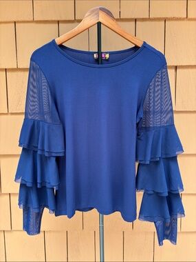 ISLE by Melis Kozan | Navy Tiered Boho Chic Sheer Ruffle Sleeve Blouse | Size S